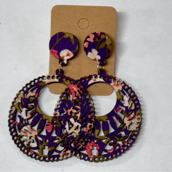 FLORAL Print WOODEN Stud Drop Earrings - Picture 7 of 12